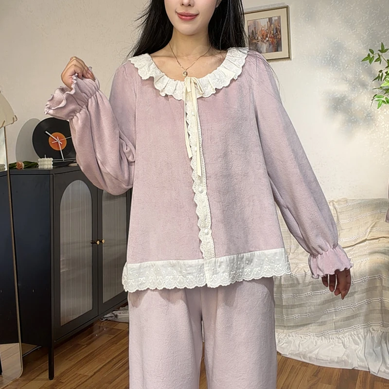 海岛绒超柔软睡衣女2025秋冬甜美蕾丝花边家居服套装 S25249紫色