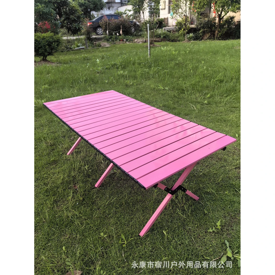 户外精致露营玫红色桌椅粉色碳钢蛋卷桌可折叠便携式野餐装备