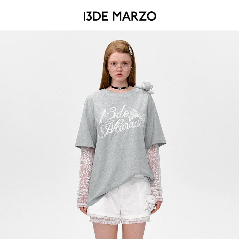 【欧若风】13DE MARZO女士25春夏新蕾丝小熊假两件短袖休闲百搭T恤