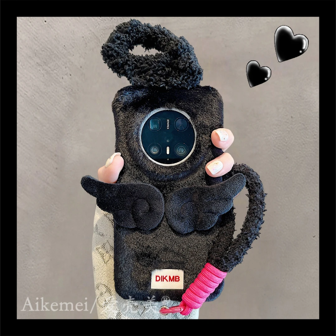 适用华为mate70pro+手机壳黑色天使毛绒Mate60pro+立体翅膀手绳女