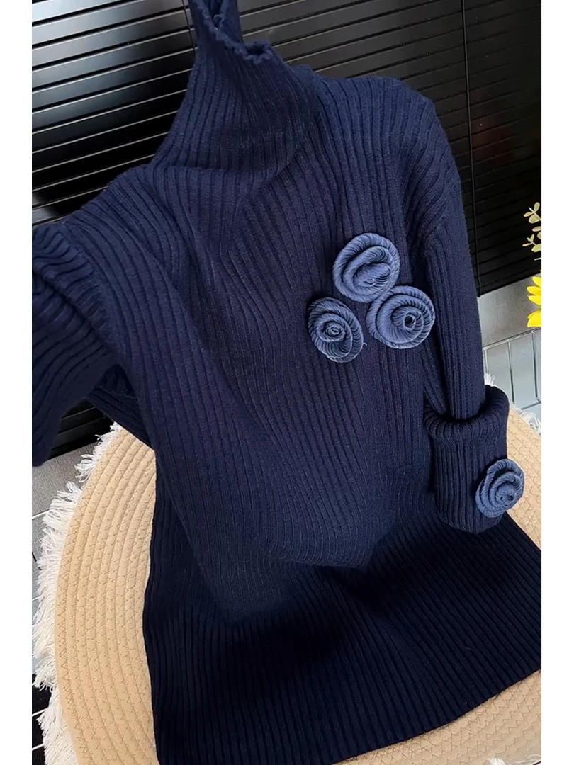 高级感糖果色立体花朵针织衫女秋冬2025新款高领修身藏青色打底衫