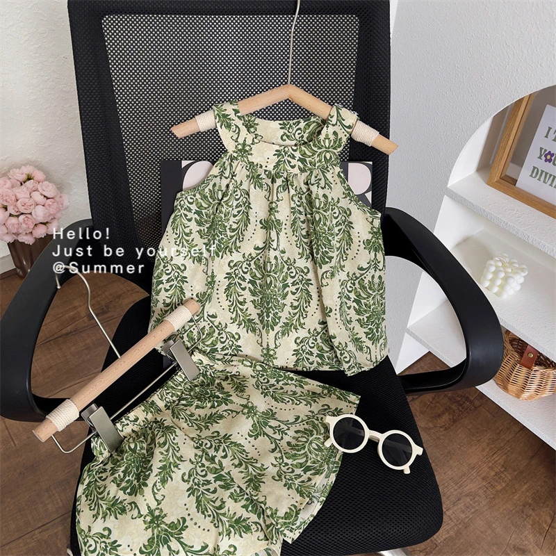 2025女童夏季雪纺套装新款宝宝露肩无袖挂脖吊带短裤休闲两件套