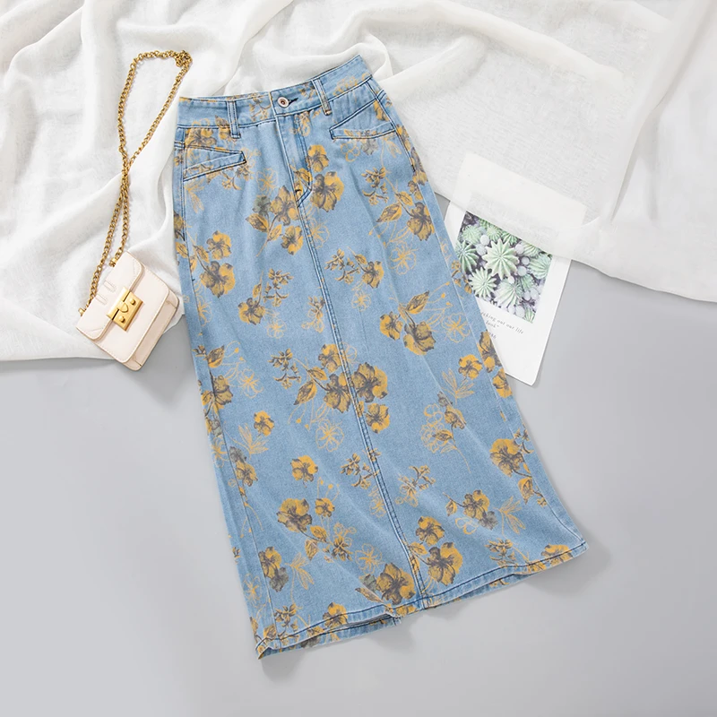 牛仔半身裙女印花高腰碎花气质时尚夏季薄款包臀中长A字裙子9808