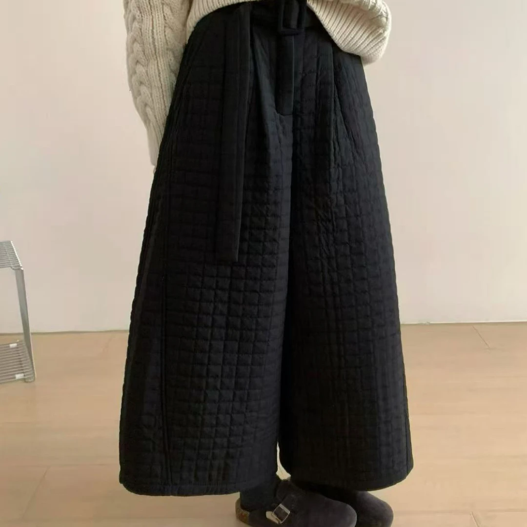 D63秋冬新款加厚菱格夹棉阔腿休闲女裤