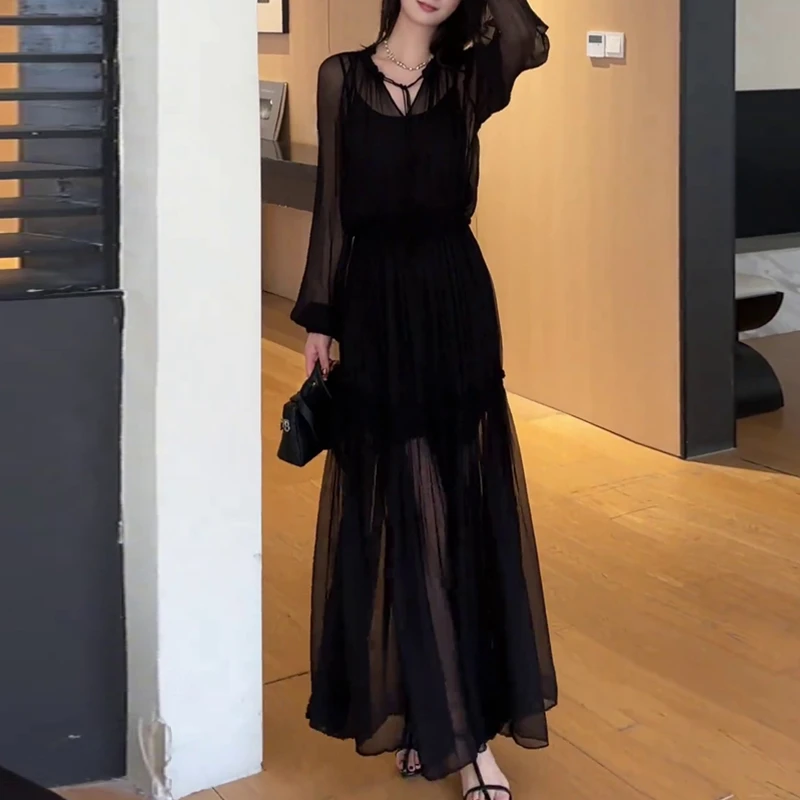大码女装法式黑色网纱秋季拼接长裙优雅气质风洋气显瘦高级连衣裙
