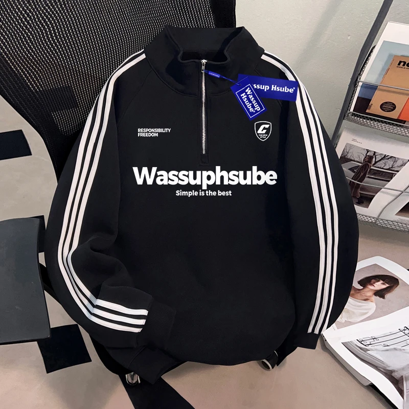 WASSUP HSUBE国潮牌立领男士卫衣慵懒宽松半拉链上衣潮酷棒球外套