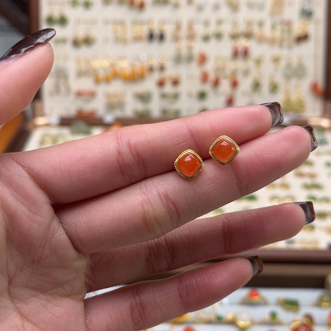 和田玉银S925镀金镶嵌耳饰