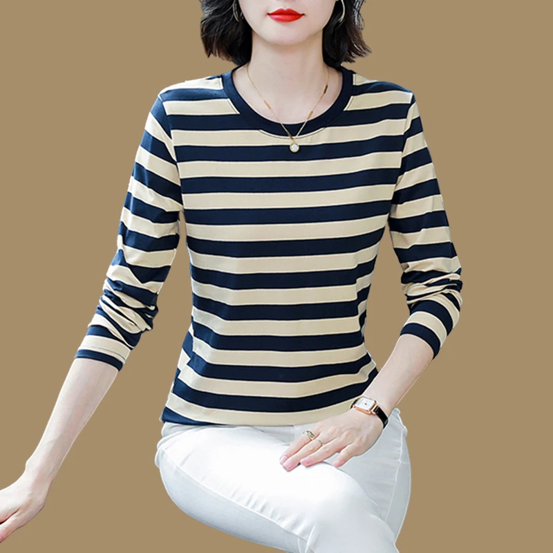 棉质条纹长袖t恤女2025秋装新款中年妈妈打底衫宽松大码上衣薄款