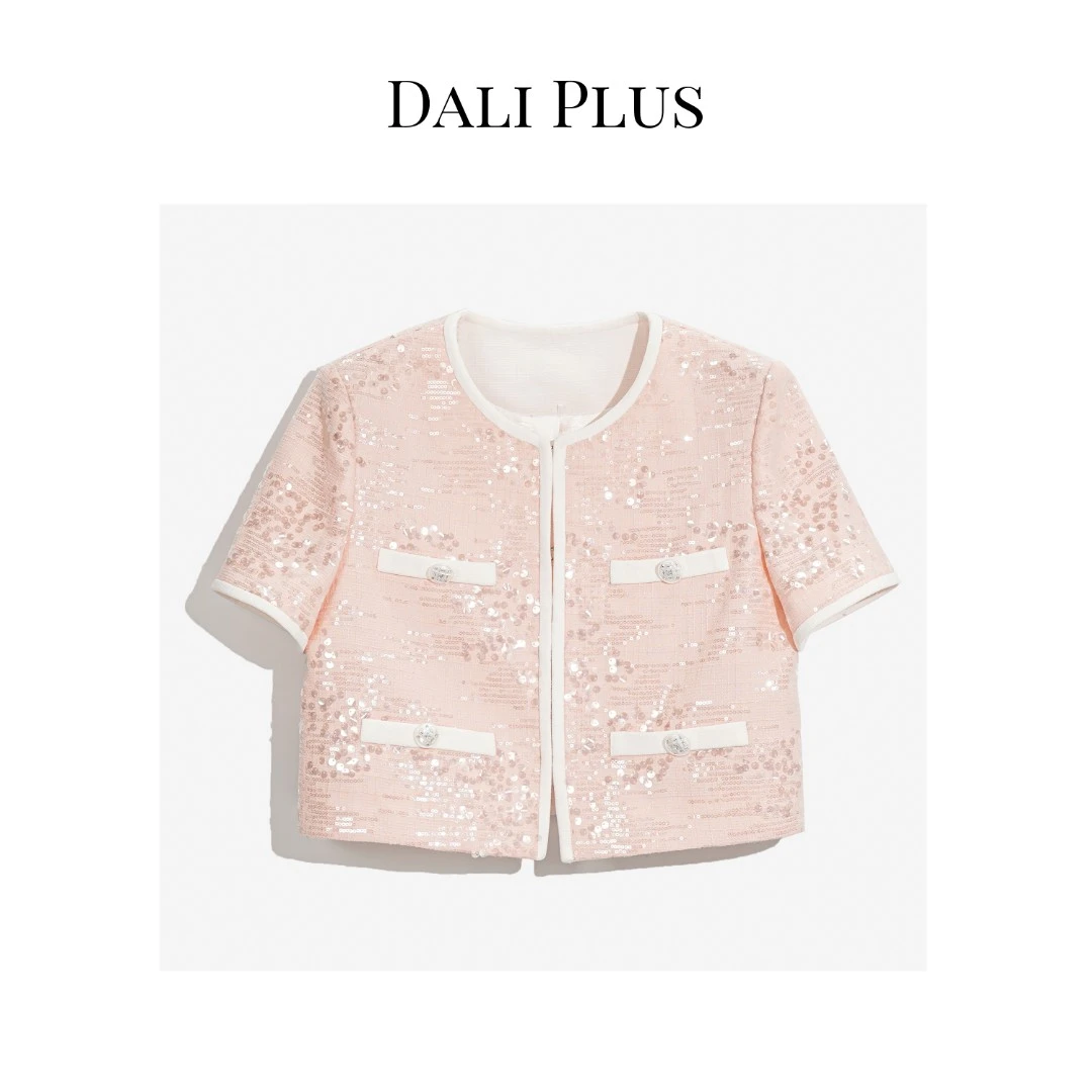 DALI PLUS夏季精致重工亮片气质粉闪闪小香风短袖外套-F235123