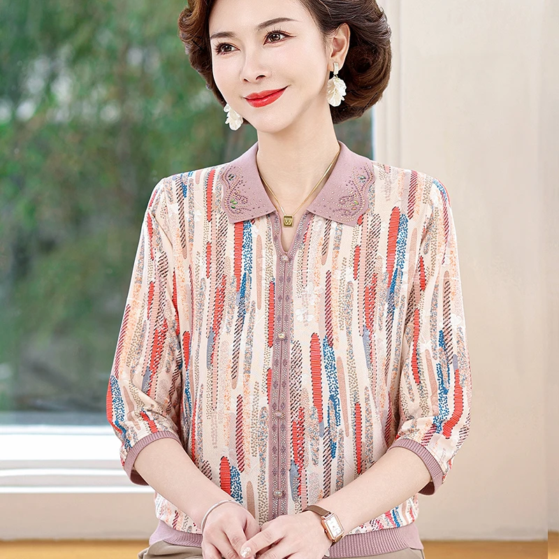 2025新款妈妈春装冰丝T恤中老年人衣服女奶奶夏装翻领打底小衫薄
