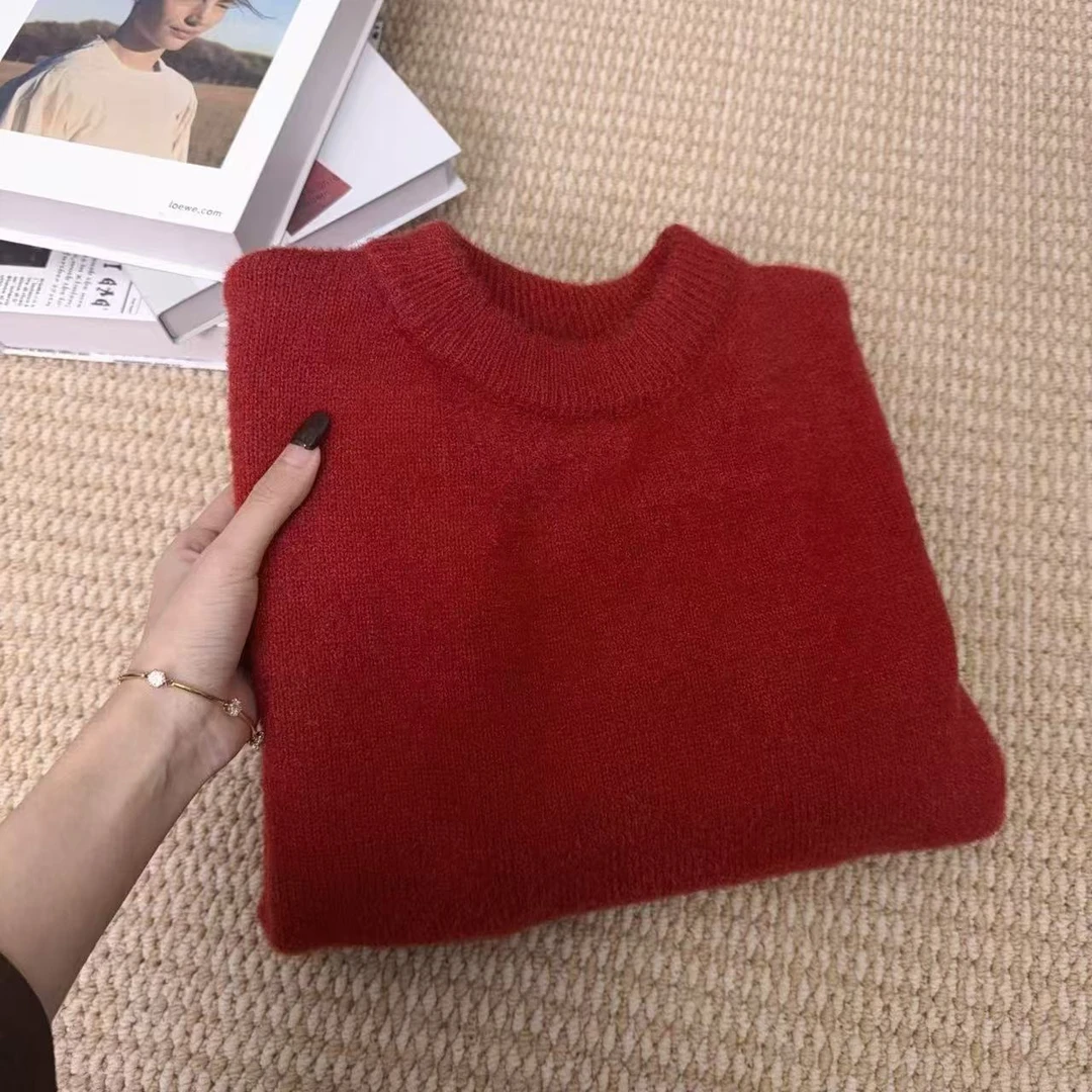 【红宝石】新款纯色百搭宽松圆领针织衫女装