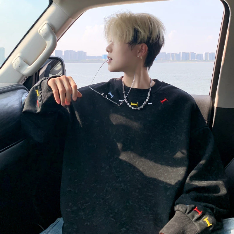 小众设计感刺绣圆领卫衣男秋季潮牌扎染重磅宽松美式休闲情侣外套