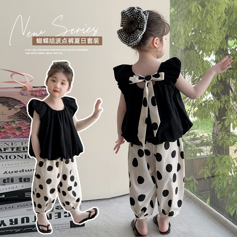 女童娃娃衫套装洋气儿童夏季新款女宝宝波点防蚊裤两件套小女孩潮