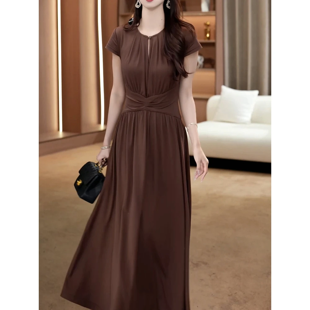 洋气时尚简约纯色短袖连衣裙2025夏季新款高级感气质名媛风A字裙