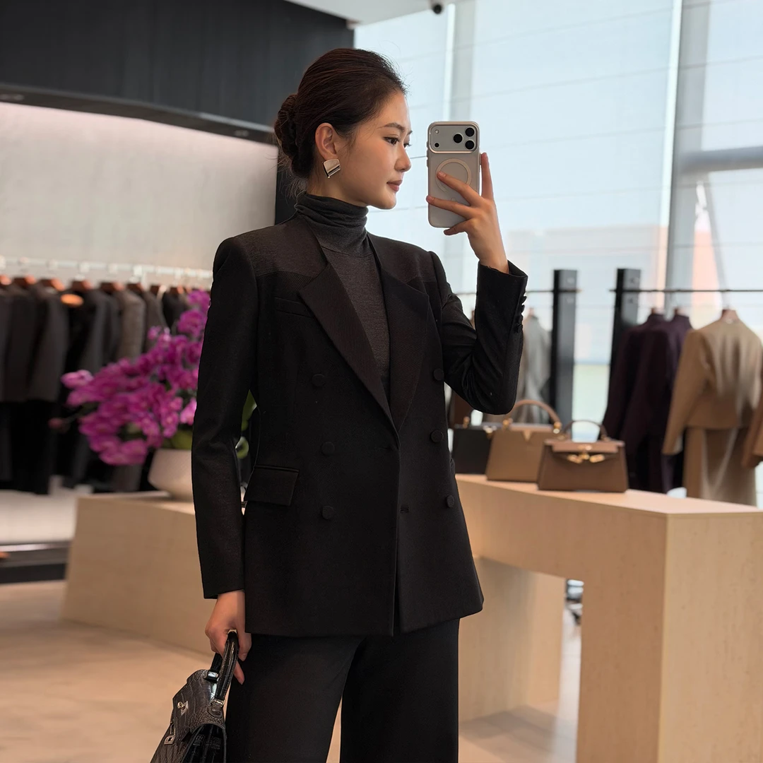 3200-女士英伦风显瘦老钱风秋冬气质修身上衣双排扣设计师西装