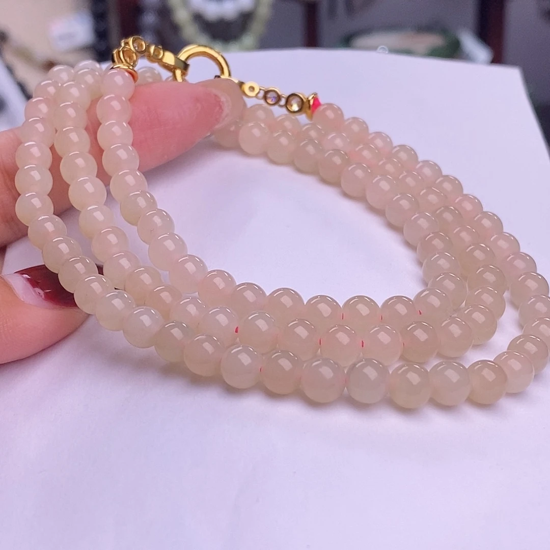 和田玉毕业级老矿料红粉珠链6m未镶嵌