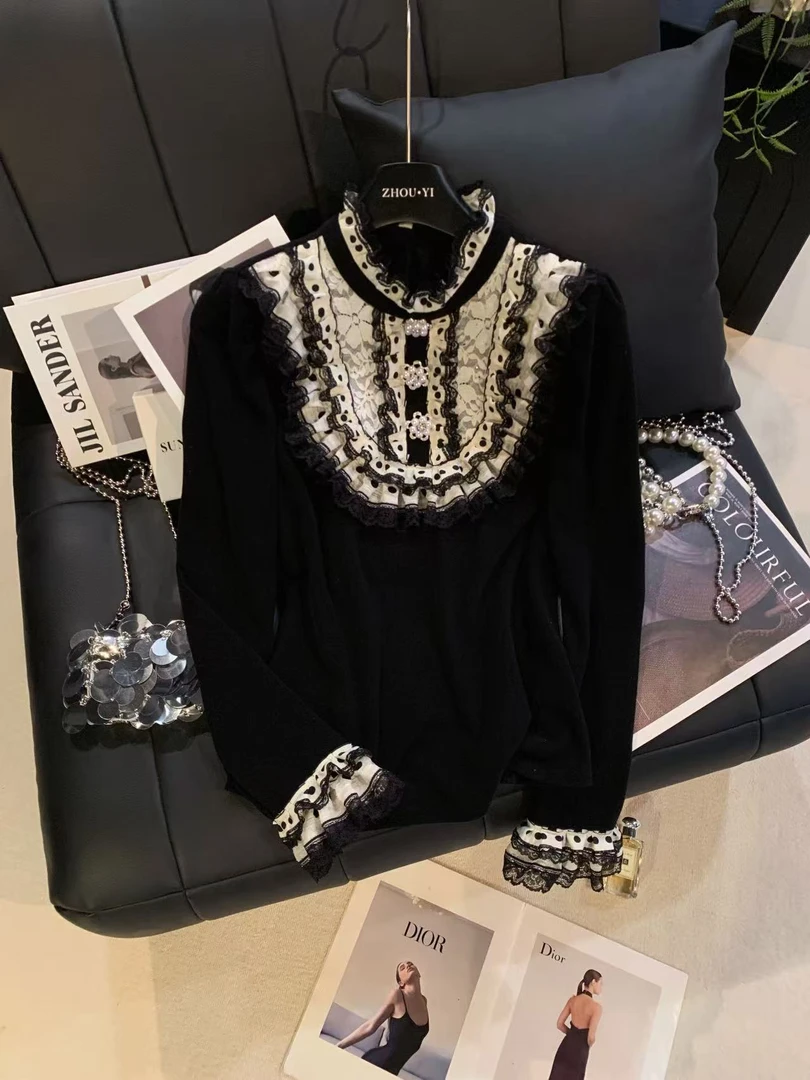 ZHOUYI/周一2025冬季厚款小众蕾丝气质上衣拼接亮珠针织衫女