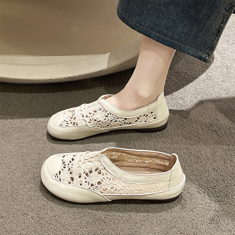 老北京布鞋女2025新款夏季薄款透气网面一脚蹬镂空小香风渔夫单鞋