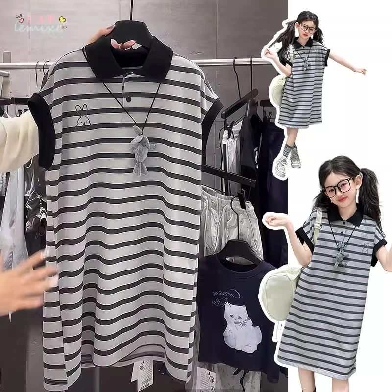 女童条纹短袖连衣裙2025夏季中大童polo领学院风初中生T恤公主裙9