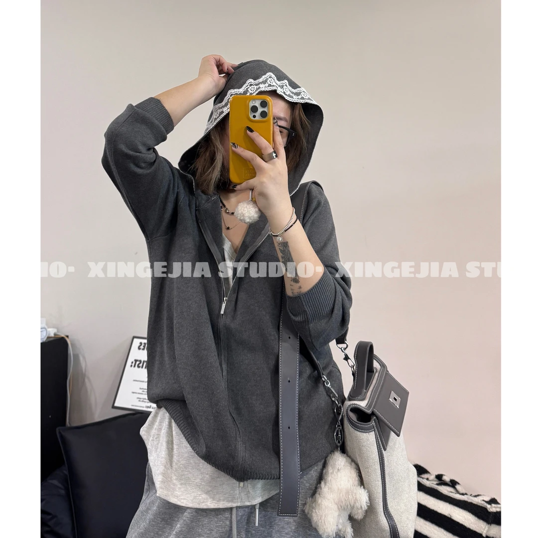 「xin:微胖大码」帽子蕾丝拉链针织帽衫