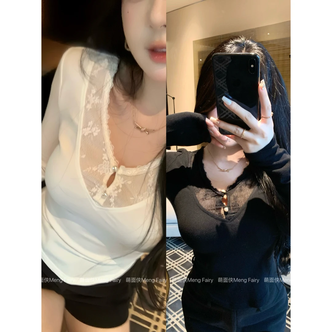 萌面侠【浮花梦影】纯欲蕾丝拼接V领修身显瘦针织上衣6602M流光风