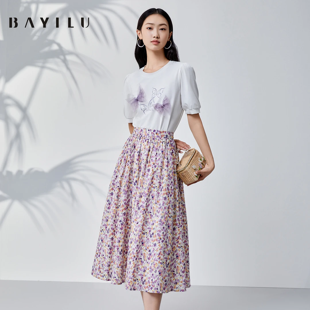 【黄蓉推荐】芭依璐夏季套装女套头T恤印花半身裙两件套90TZ001