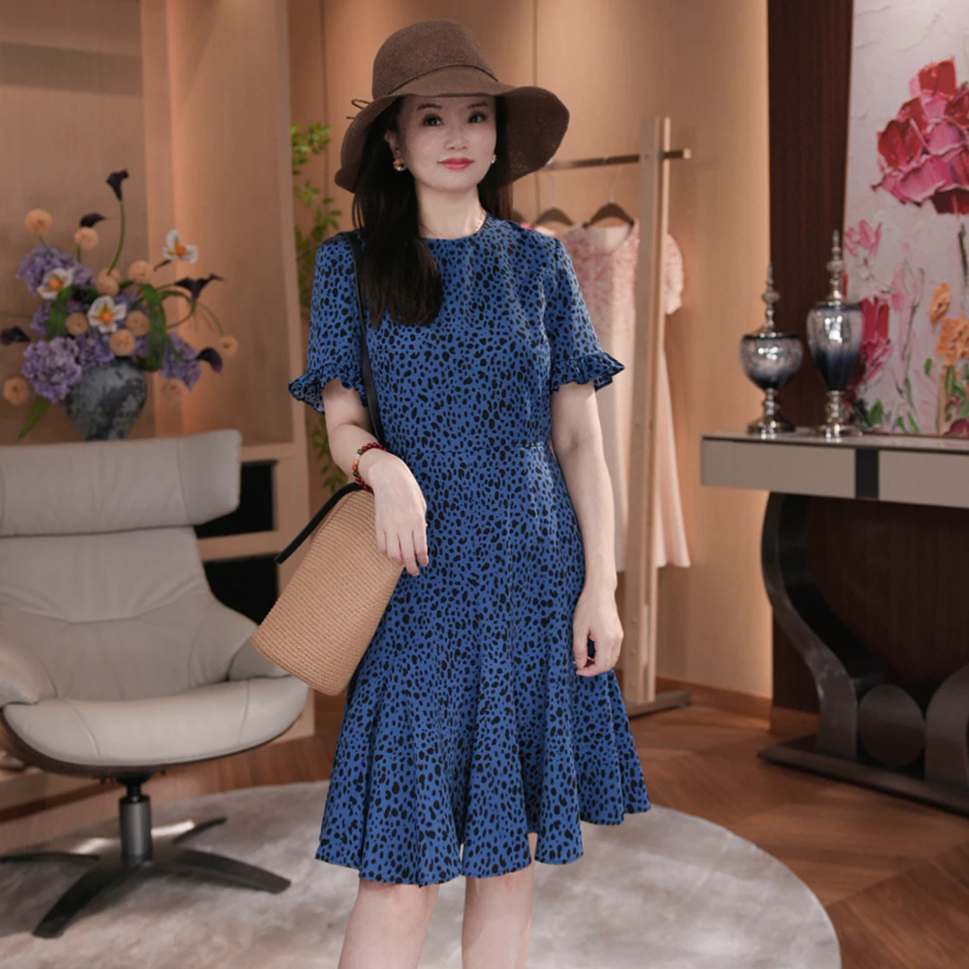 Crue Jiien 初婕夏季新款女圆领花边袖豹纹修身小A摆连衣裙98678