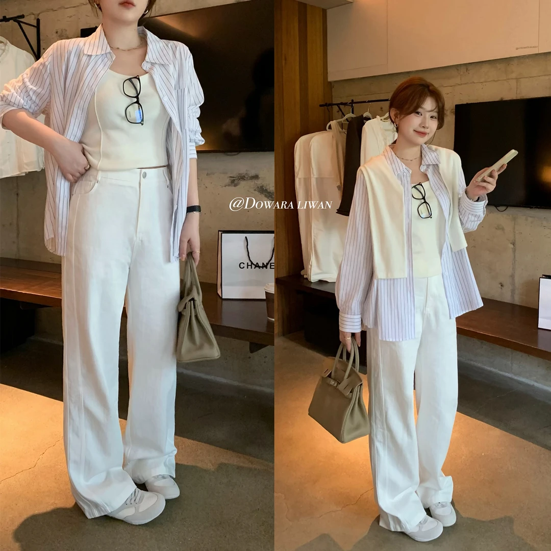 现货大婉酱微胖定制韩版休闲裤高腰阔腿裤春季 2025直筒长裤6459D