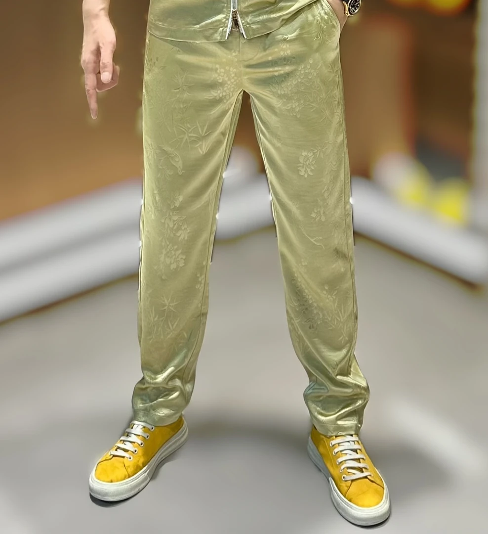 2025男士夏季新款修身高品质百搭竹叶印花休闲裤冰丝百搭直筒卫裤