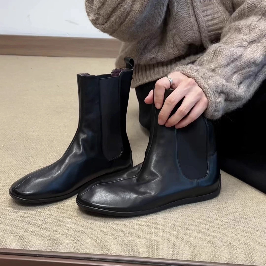 羊皮版~2025新款黑色切尔西靴女平底套筒马丁靴显瘦通勤瘦瘦靴