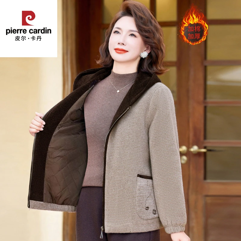 皮尔卡丹妈妈冬装夹棉加厚外套连帽新款中老年女棉衣时尚保暖棉服