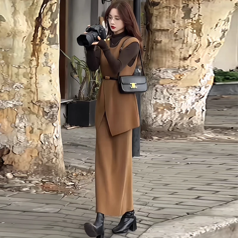 拉夏贝尔气质长裙三件套2025秋冬新款时髦百搭高领上衣直筒裙套装