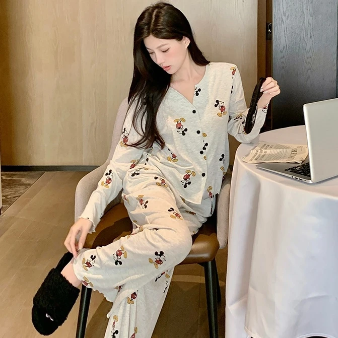 2025年新款早秋卡通米奇印花睡衣女软糯舒适休闲甜美家居服套装E