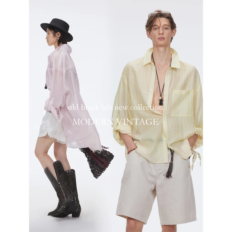 ULD/VintageChill法国源产色织亚麻中古条纹盛夏空气感微透衬衫