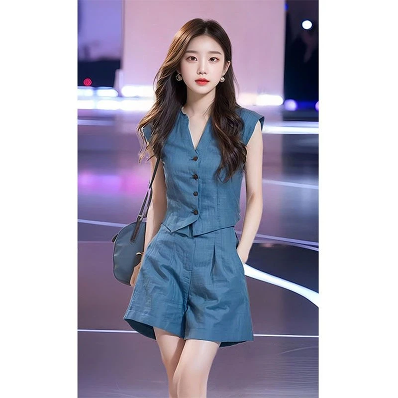 夏装搭配一整套轻熟时尚套装2025新款夏季蓝色时髦气质两件套女装