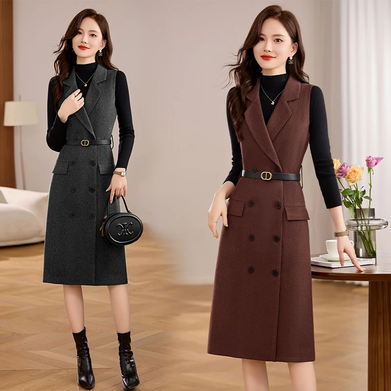 毛呢西装马甲连衣裙套装女2025春秋新款通勤气质收腰两件套背心裙