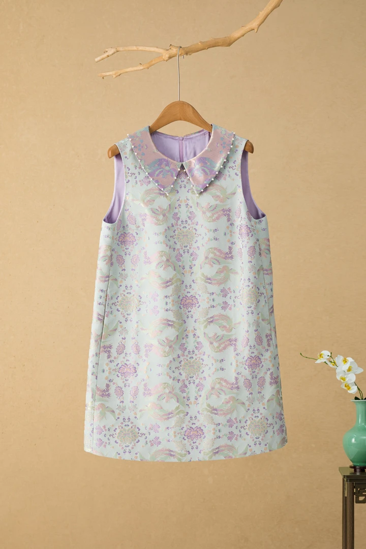 大满家上久楷雀金兰凤凰于飞宋锦桑蚕丝翻领无袖连衣裙国风新中式