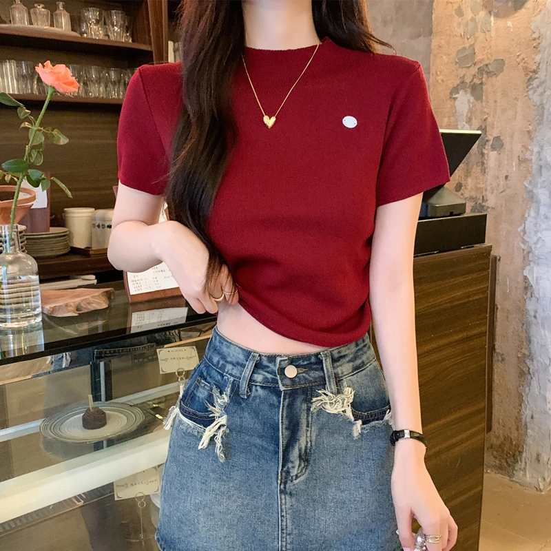 冰爽丝红色t恤女短袖夏季高级感圆领修身显瘦短款高腰露脐上衣衫