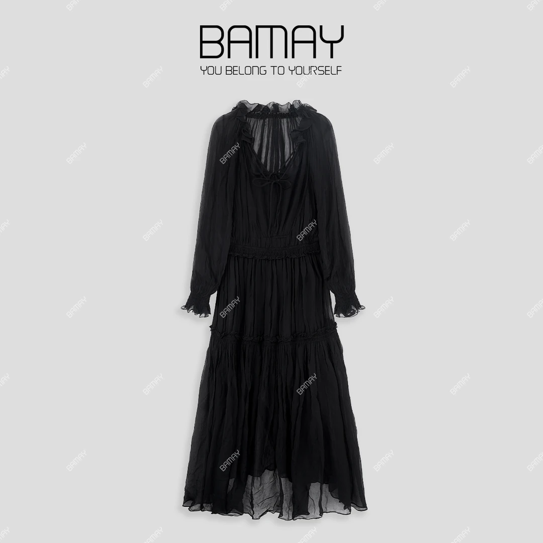 【BAMAY】2025春季新款抽褶荷叶边宽松连衣裙BM251LY009CP