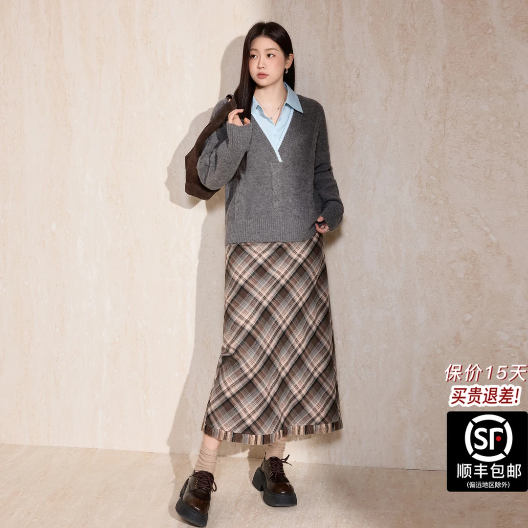 蓝语大码女装学院风撞色拼接衬衫假两件复古磨毛格纹半身裙套装