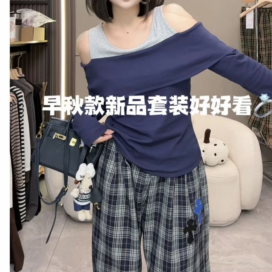 2025早秋新品套装洋气辣妹露肩显瘦拼接上衣➕休闲格子阔腿裤套装