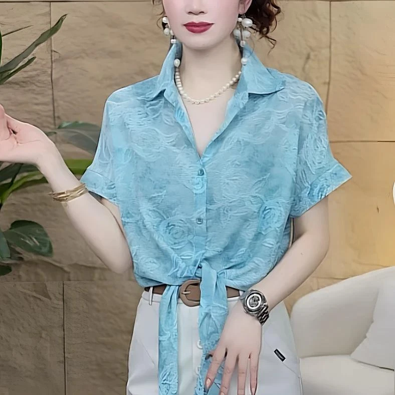 【新款】时尚翻领洋气印花短袖衬衫女夏季新款气质百搭薄款透气上衣