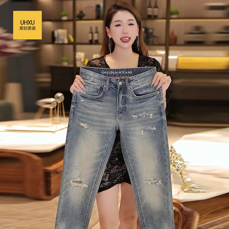 UHXU美式轻奢破洞牛仔裤男秋季2025新款复古直筒修身弹力九分裤子