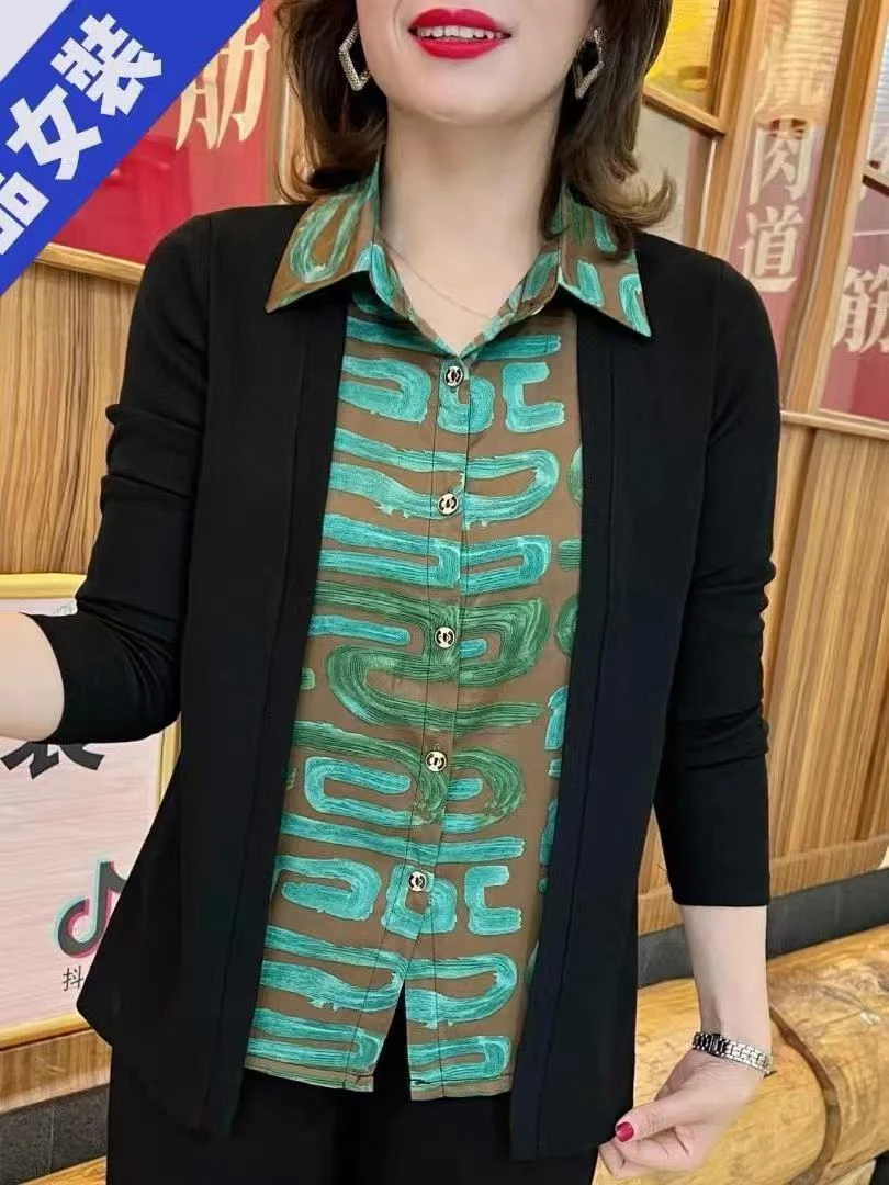 女装洋气衬衫领时尚假两件显瘦高贵中老年妈妈装百搭上衣 015