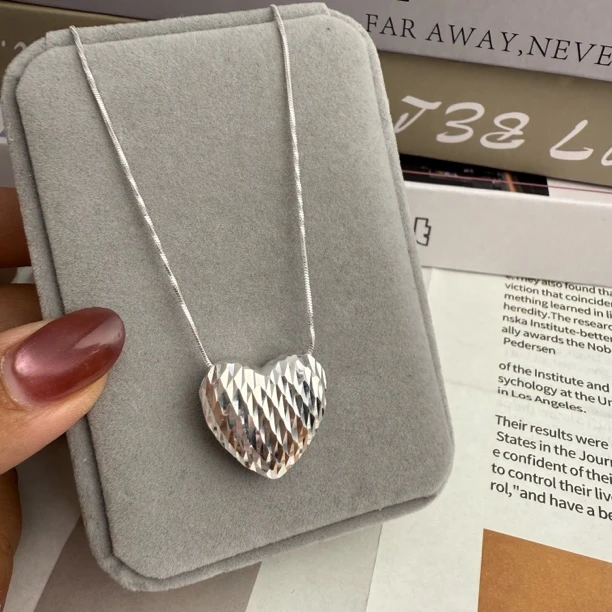 链子足银 s925银小众闪光爱心项链