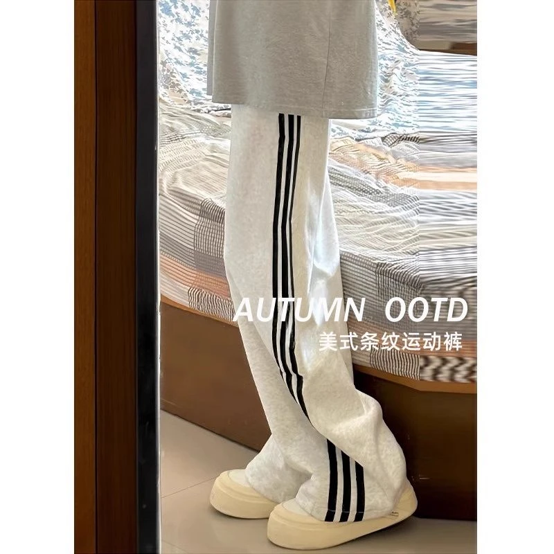 白灰色加绒运动裤女夏季2025新款小个子宽松bf高腰垂感条纹阔腿裤