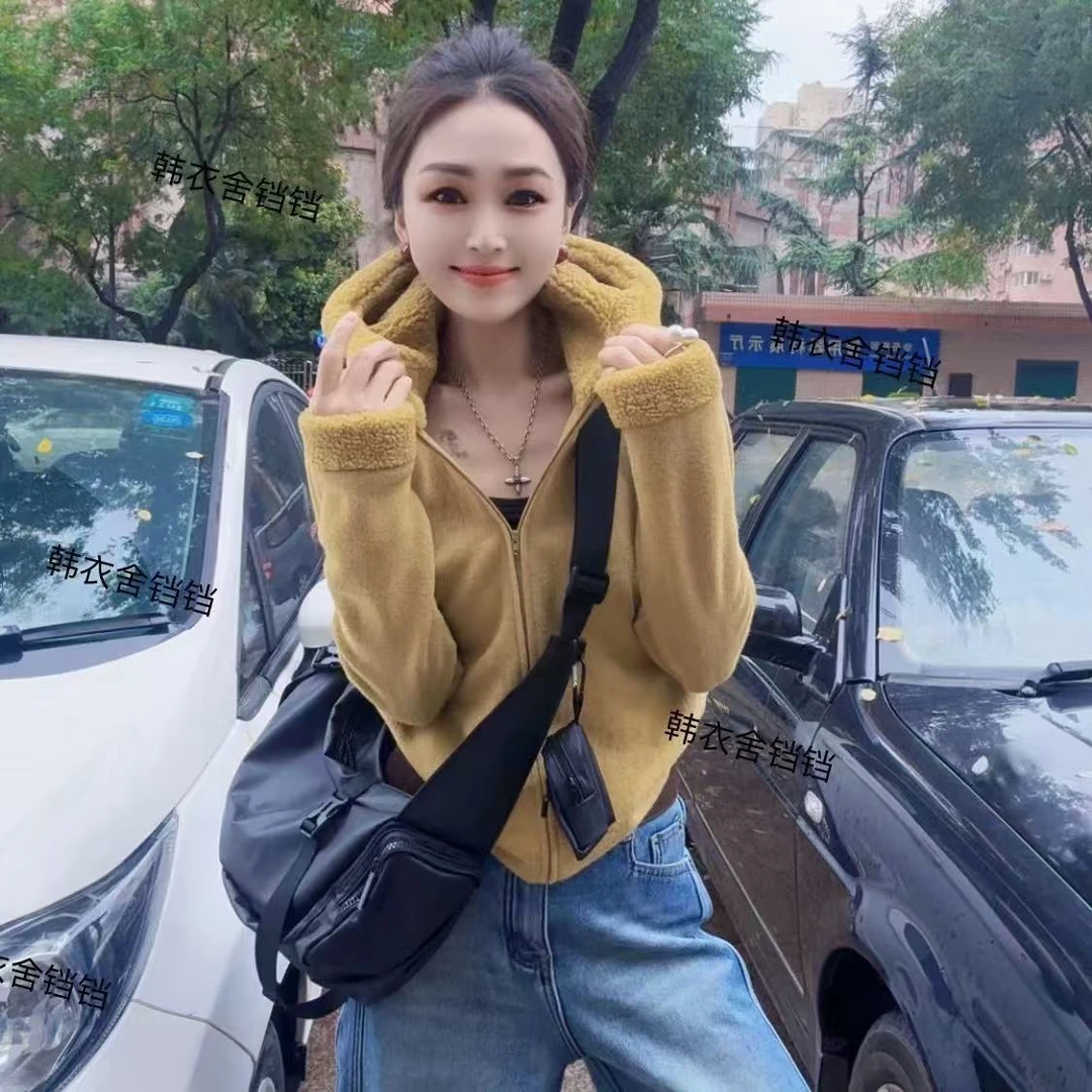 铛铛专属  设计感时尚羔毛连帽全拉链卫衣