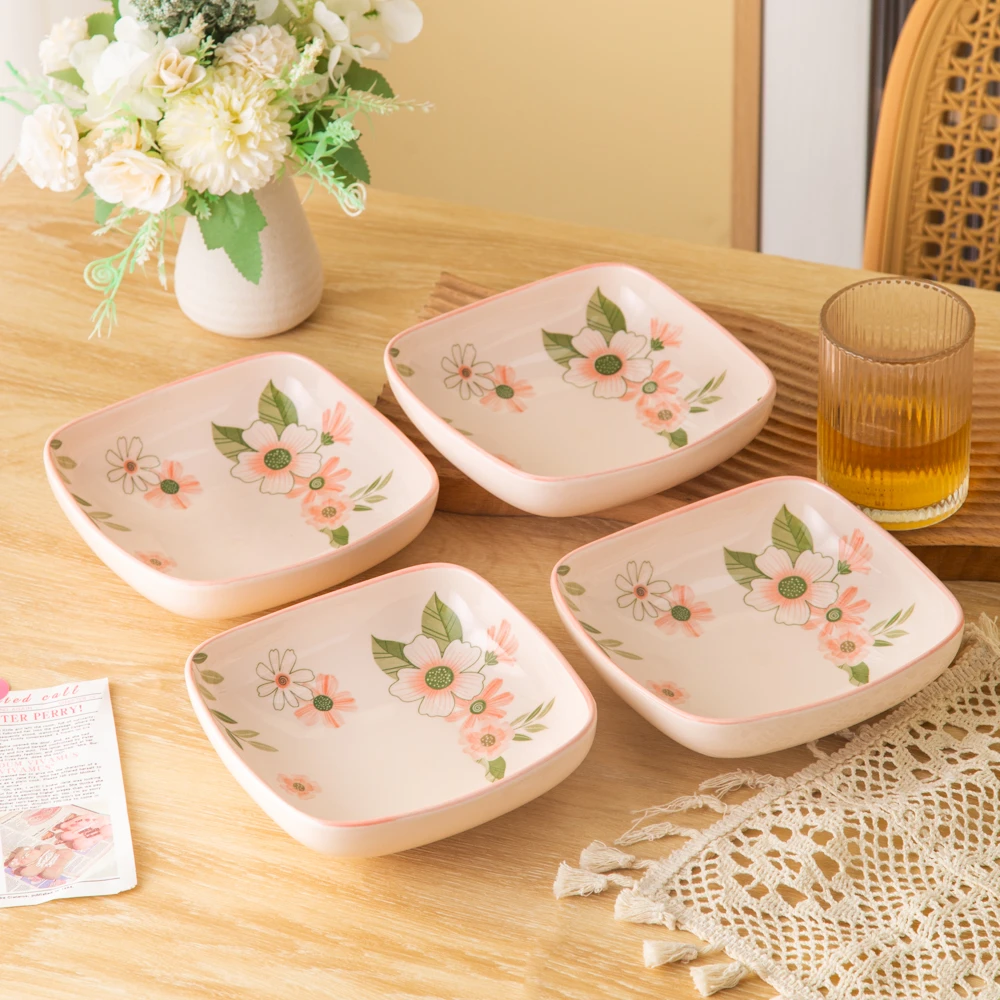 珊瑚海系列釉下彩陶瓷餐具新款创意四方碗水果碗菜碗（4个装）