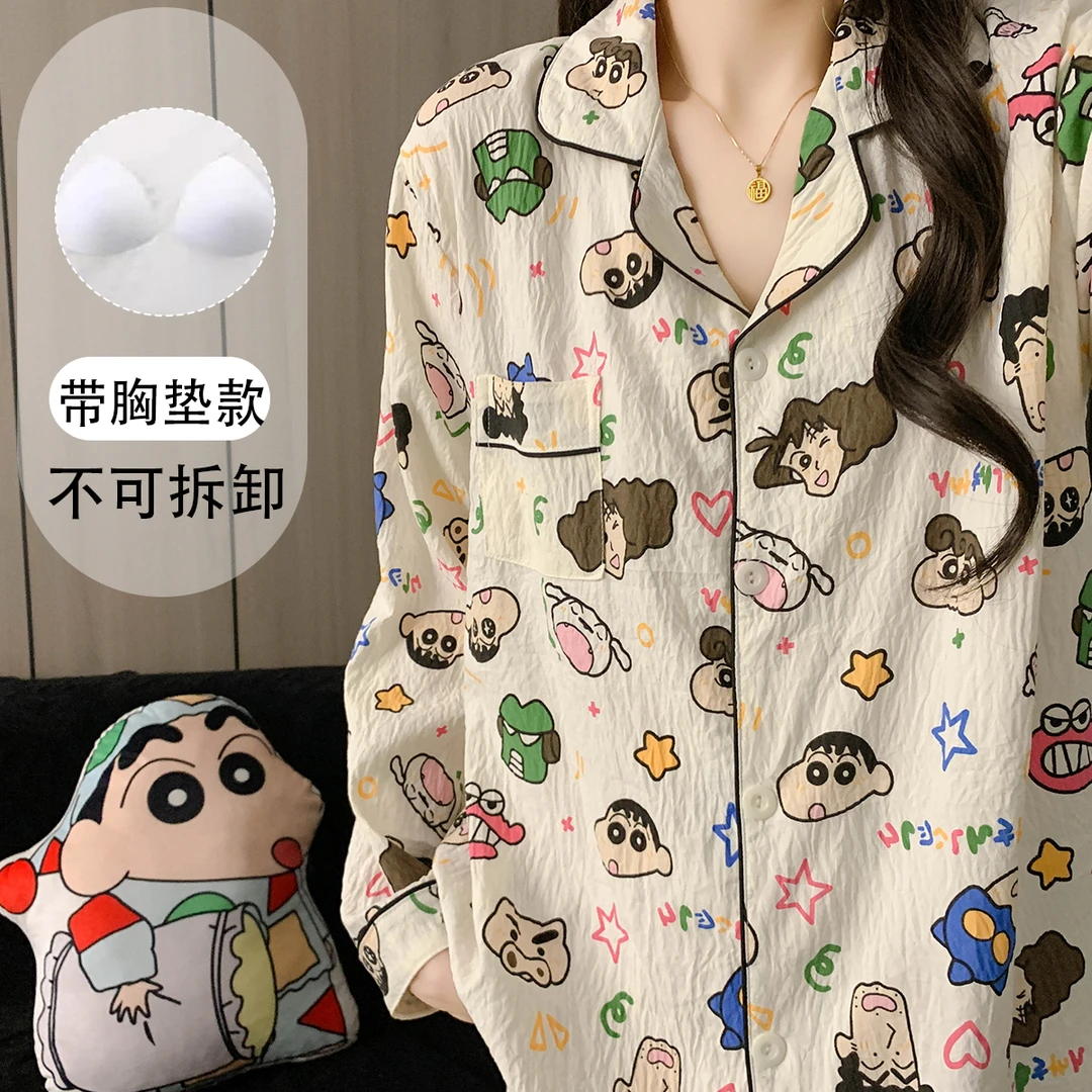 【长袖胸垫版可选】日系卡通小新春秋季睡衣女学生休闲家居服可外穿