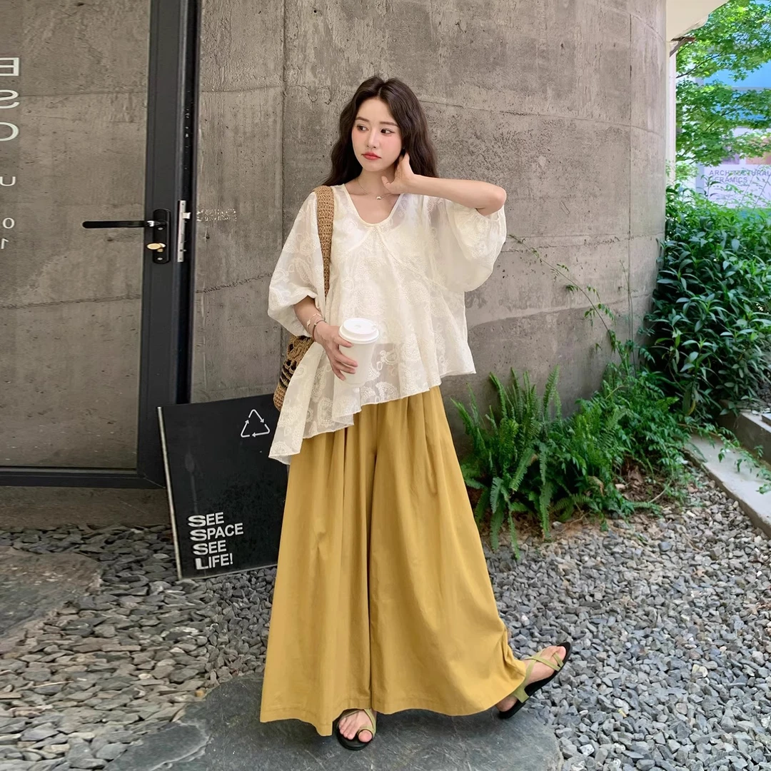 2025超火两件套夏装女独特设计感不规则巨好看刺绣上衣阔腿裤套装
